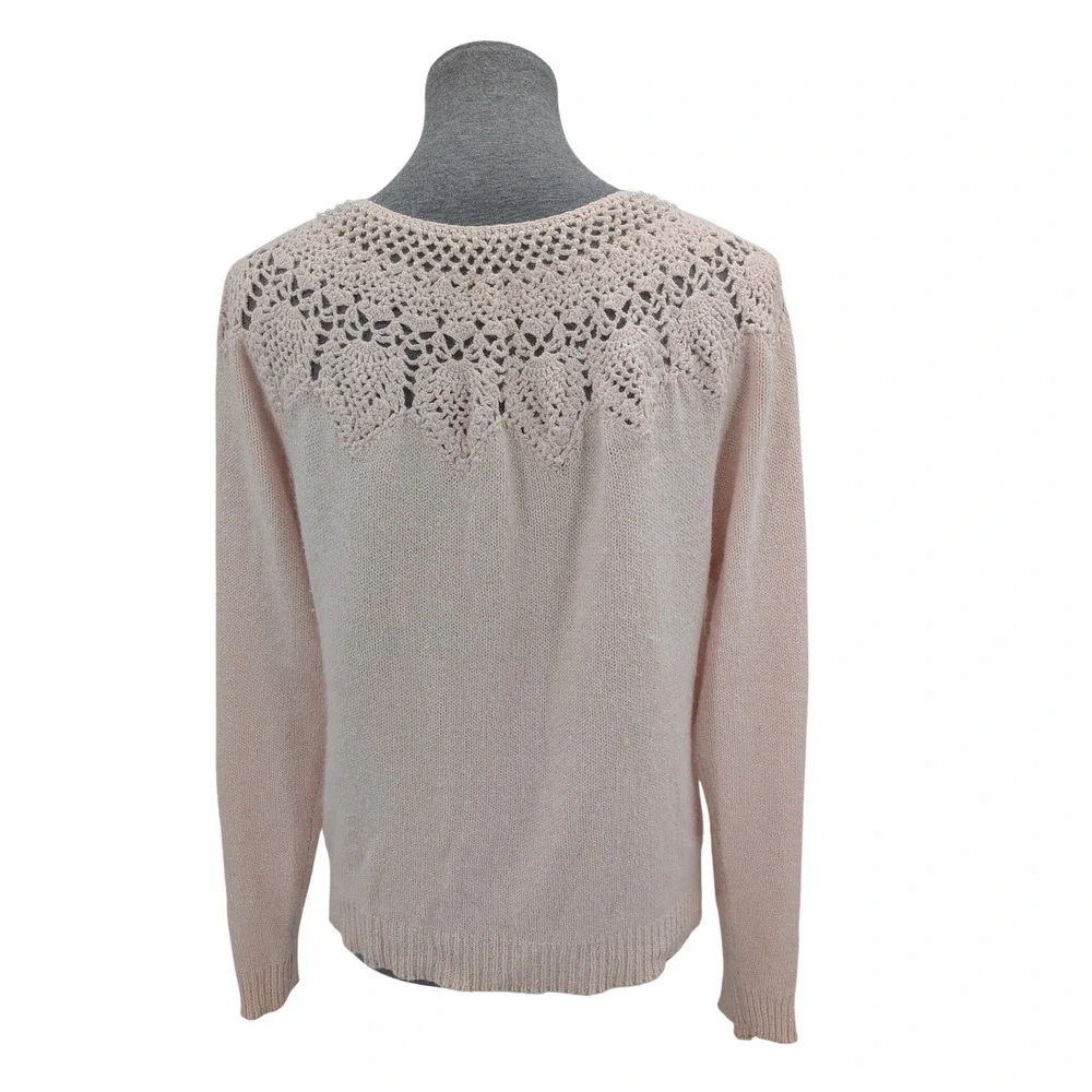 Cottagecore Prairie Pale‎ Baby Pink Crochet Lace Pearls Vintage Knit M Sweater
